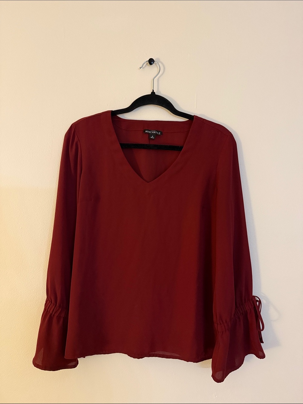 J.Crew Mercantile Burgundy V-Neck Blouse with Tie Bell Sleeves — Size 4